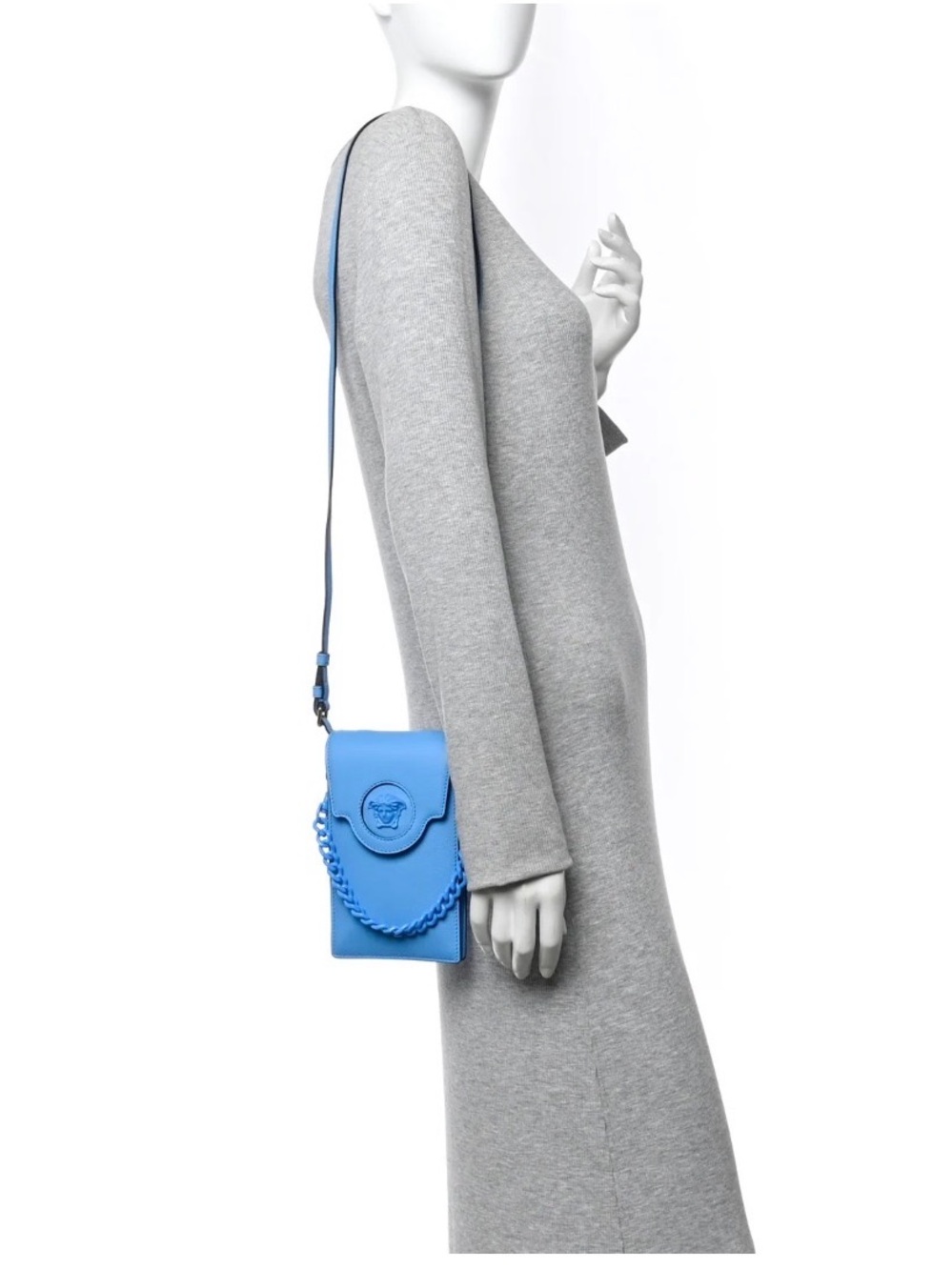 Versace La Medusa Leather Phone Crossbody Bag Blue Chain Strap Card Holder Italy - Picture 2 of 16